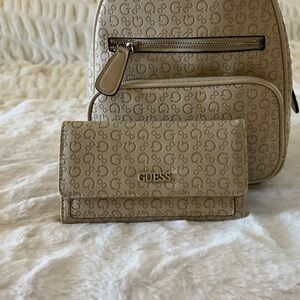 GUESS Tan Monogram Backpack and Wallet